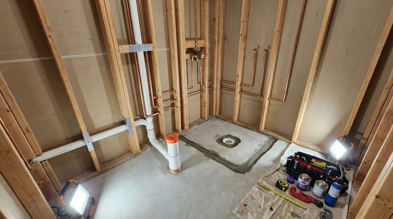 Bathroom rough-in plumbing during remodel by Johns Plumbing LLC in Twin Lake