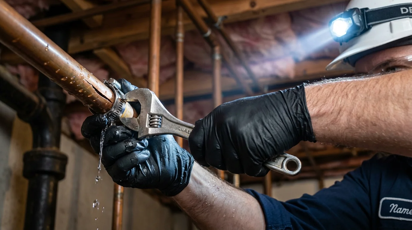 Emergency pipe clamp repair being performed by a Johns Plumbing LLC plumber in Twin Lake