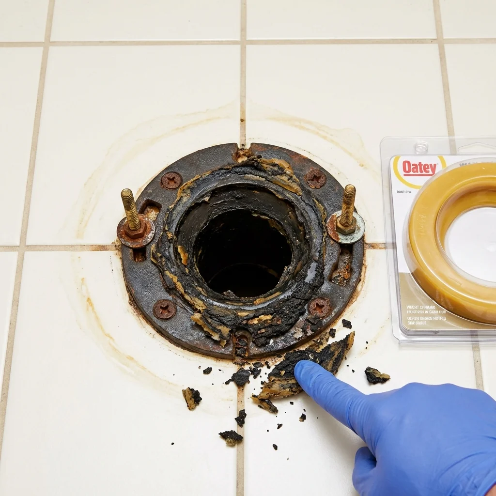 Failed wax ring showing water seepage at the base of a toilet in a Twin Lake, MI home
