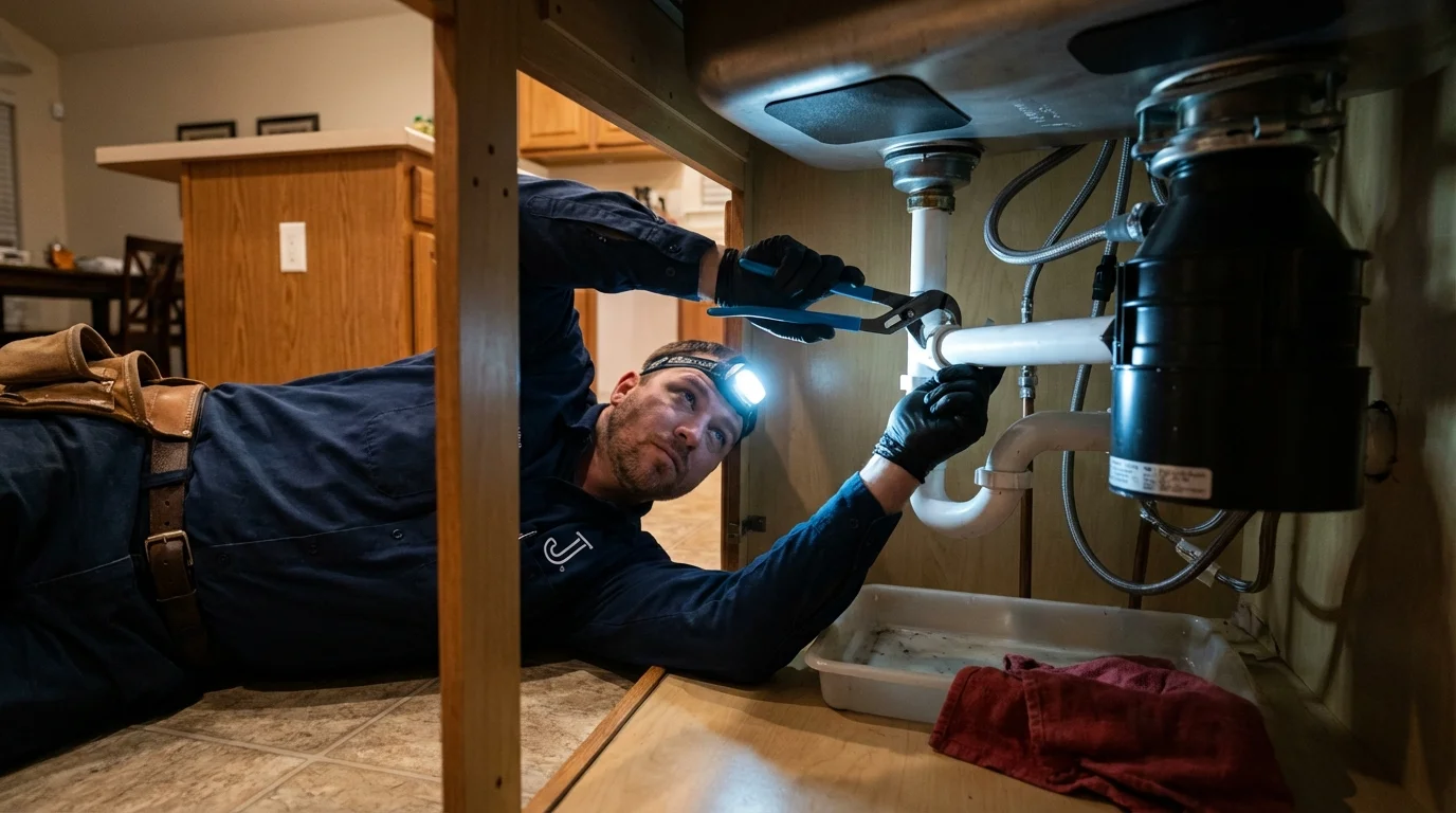 P-trap and supply line connections under a kitchen sink showing a common leak point in Twin Lake, MI